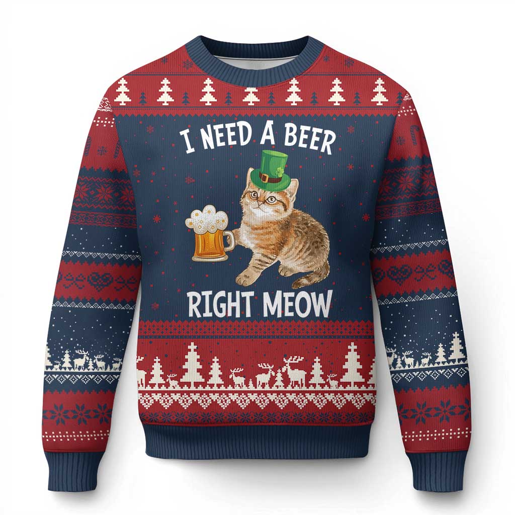 I Need A Beer Right Meow Funny Cat Drinking Joke Ugly Christmas Sweater St Patricks Day Humor TS02 Navy Red Print Your Wear