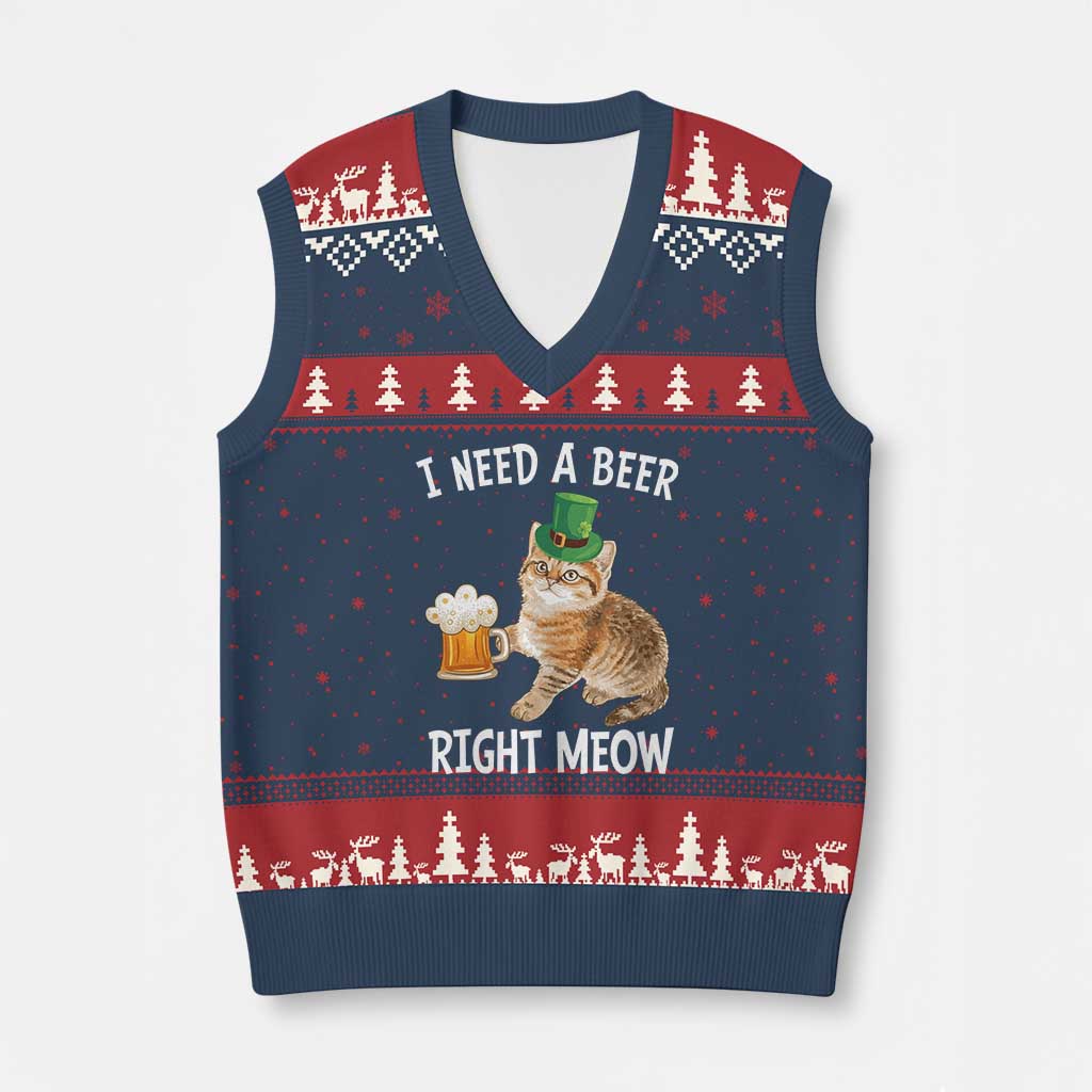 I Need A Beer Right Meow Funny Cat Drinking Joke V-Neck Knit Sweater Vest St Patricks Day Humor TS02 Navy Red Print Your Wear
