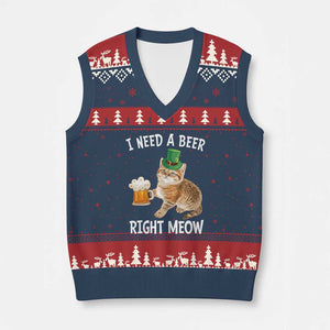 I Need A Beer Right Meow Funny Cat Drinking Joke V-Neck Knit Sweater Vest St Patricks Day Humor TS02 Navy Red Print Your Wear