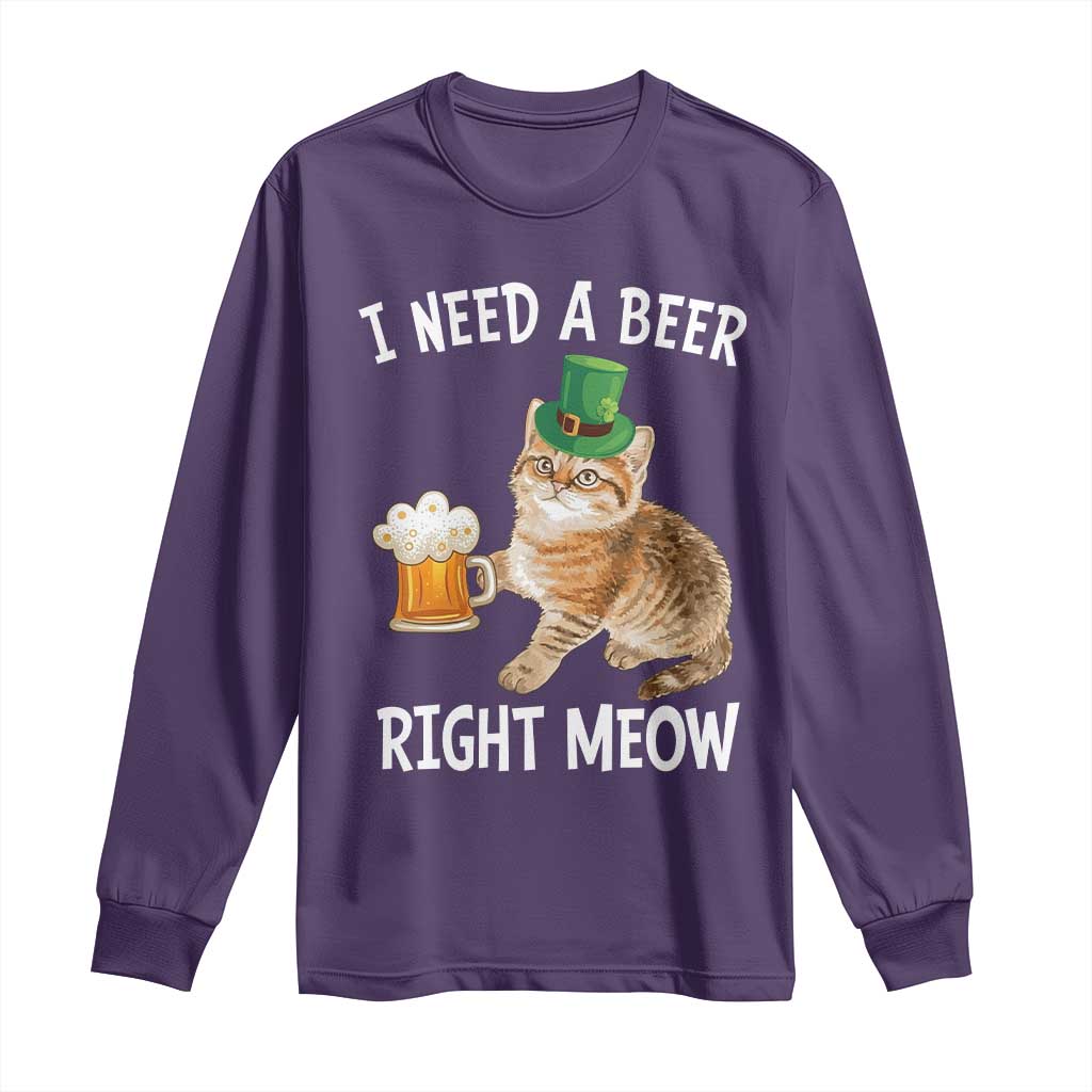 I Need A Beer Right Meow Funny Cat Drinking Joke Long Sleeve Shirt St Patricks Day Humor TS02 Purple Print Your Wear