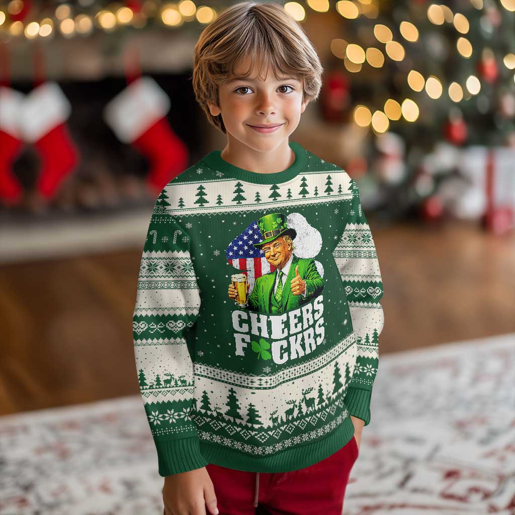 Cheers Fckers Funny Trump Irish Toast Ugly Christmas Sweater St Patricks Day Drinking Humor TS02 Forest Green Beige Print Your Wear