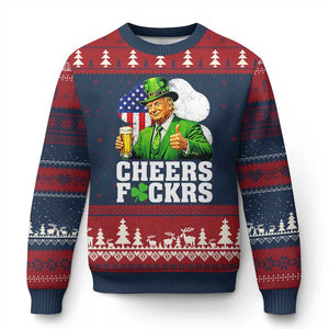 Cheers Fckers Funny Trump Irish Toast Ugly Christmas Sweater St Patricks Day Drinking Humor TS02 Navy Red Print Your Wear