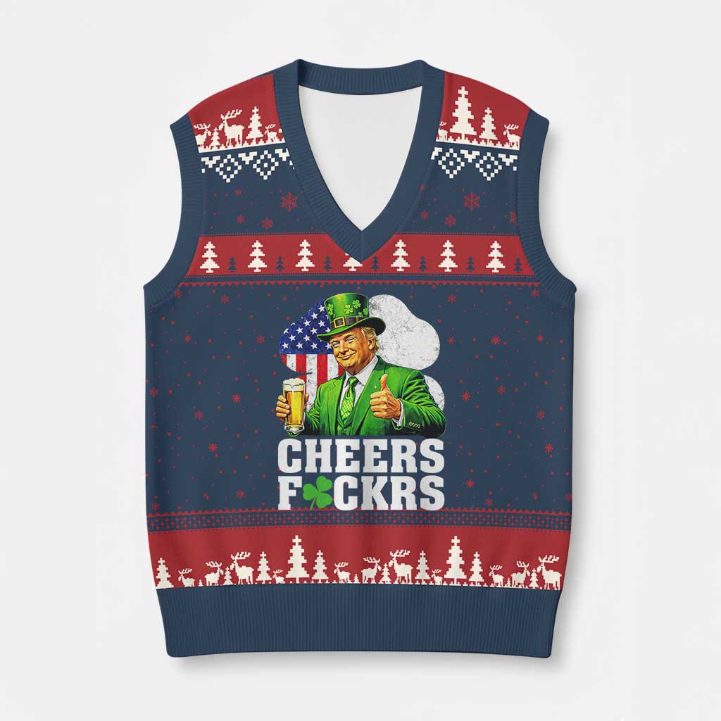 Cheers Fckers Funny Trump Irish Toast V-Neck Knit Sweater Vest St Patricks Day Drinking Humor TS02 Navy Red Print Your Wear