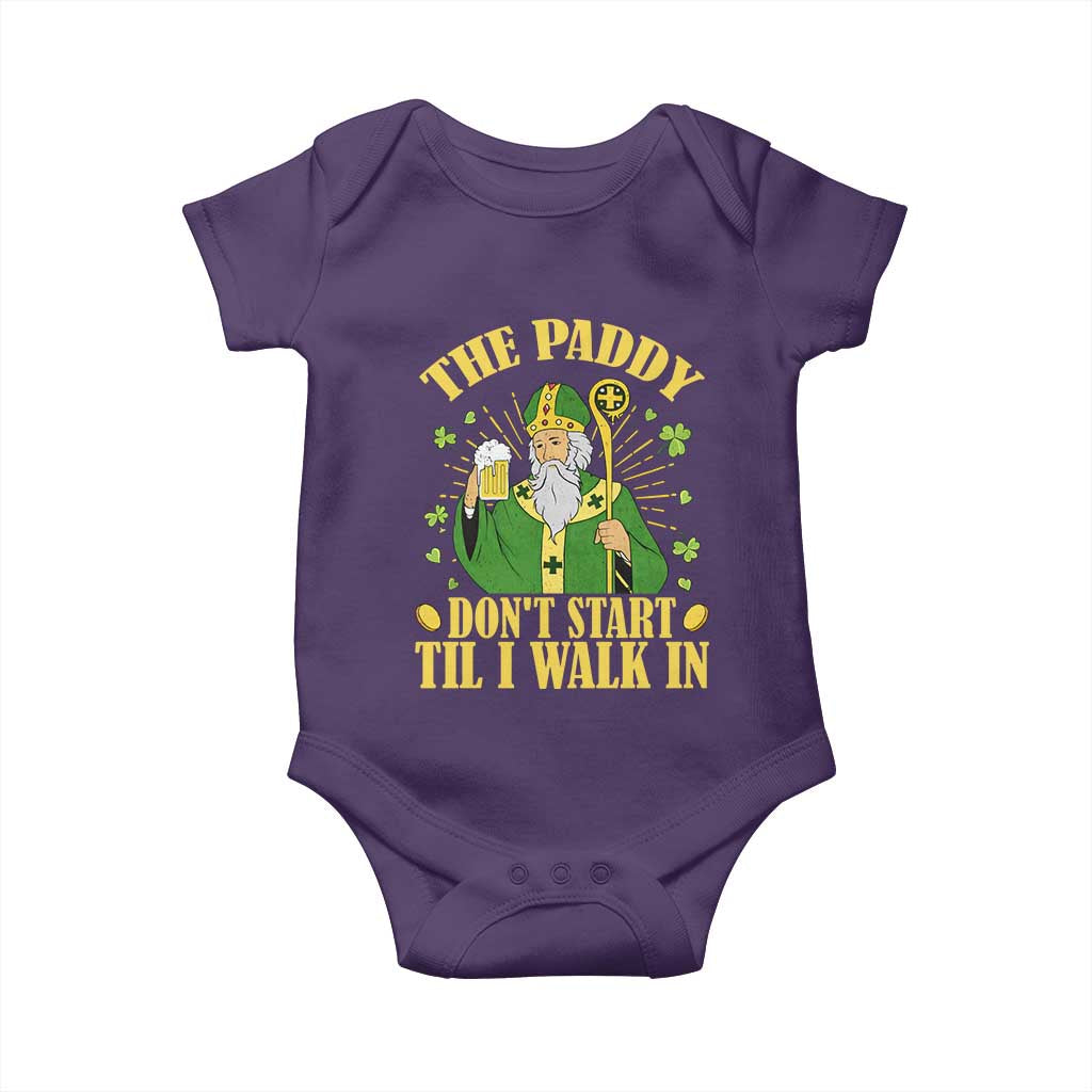 Funny Saint Patrick Drinking Beer Party Humor Baby Onesie The Paddy Don’t Start Til I Walk In St Patricks Day TS02 Purple Print Your Wear