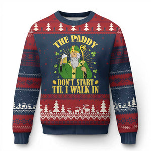 Funny Saint Patrick Drinking Beer Party Humor Ugly Christmas Sweater The Paddy Don’t Start Til I Walk In St Patricks Day TS02 Navy Red Print Your Wear