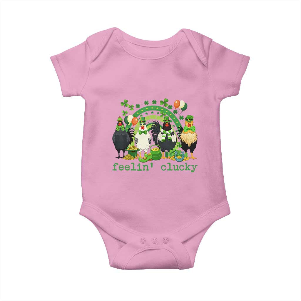 Funny St Patricks Day Chicken Shamrock Baby Onesie Feelin Clucky Hen Lucky Clover Pun Irish Humor TS02 Light Pink Print Your Wear