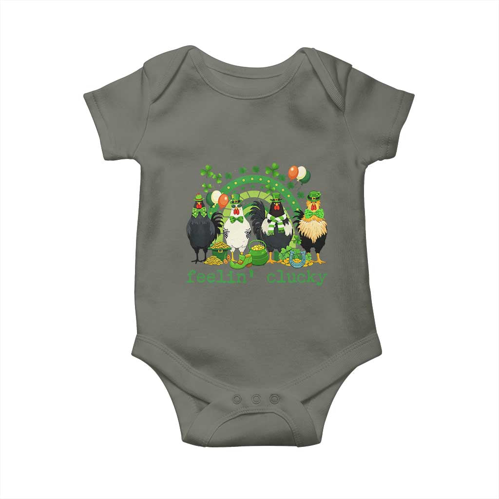 Funny St Patricks Day Chicken Shamrock Baby Onesie Feelin Clucky Hen Lucky Clover Pun Irish Humor TS02 Military Green Print Your Wear