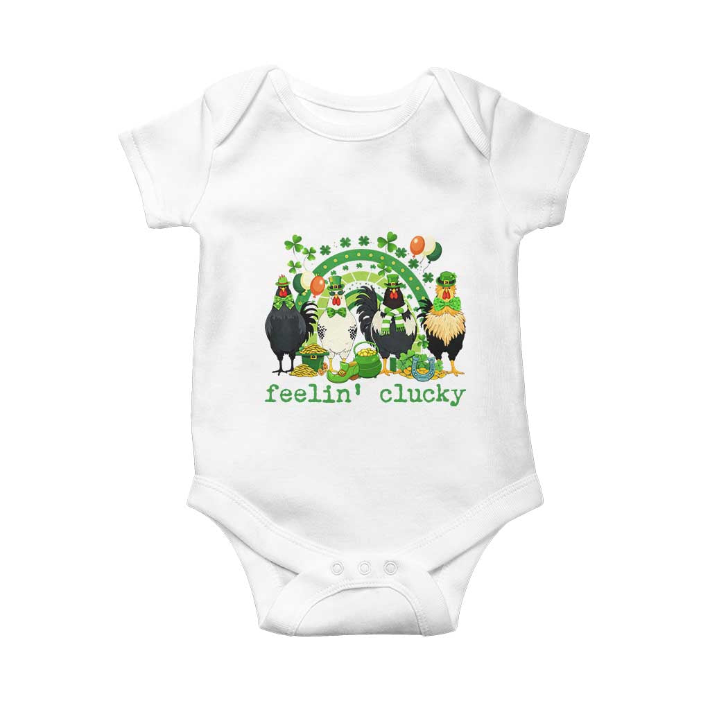 Funny St Patricks Day Chicken Shamrock Baby Onesie Feelin Clucky Hen Lucky Clover Pun Irish Humor TS02 White Print Your Wear