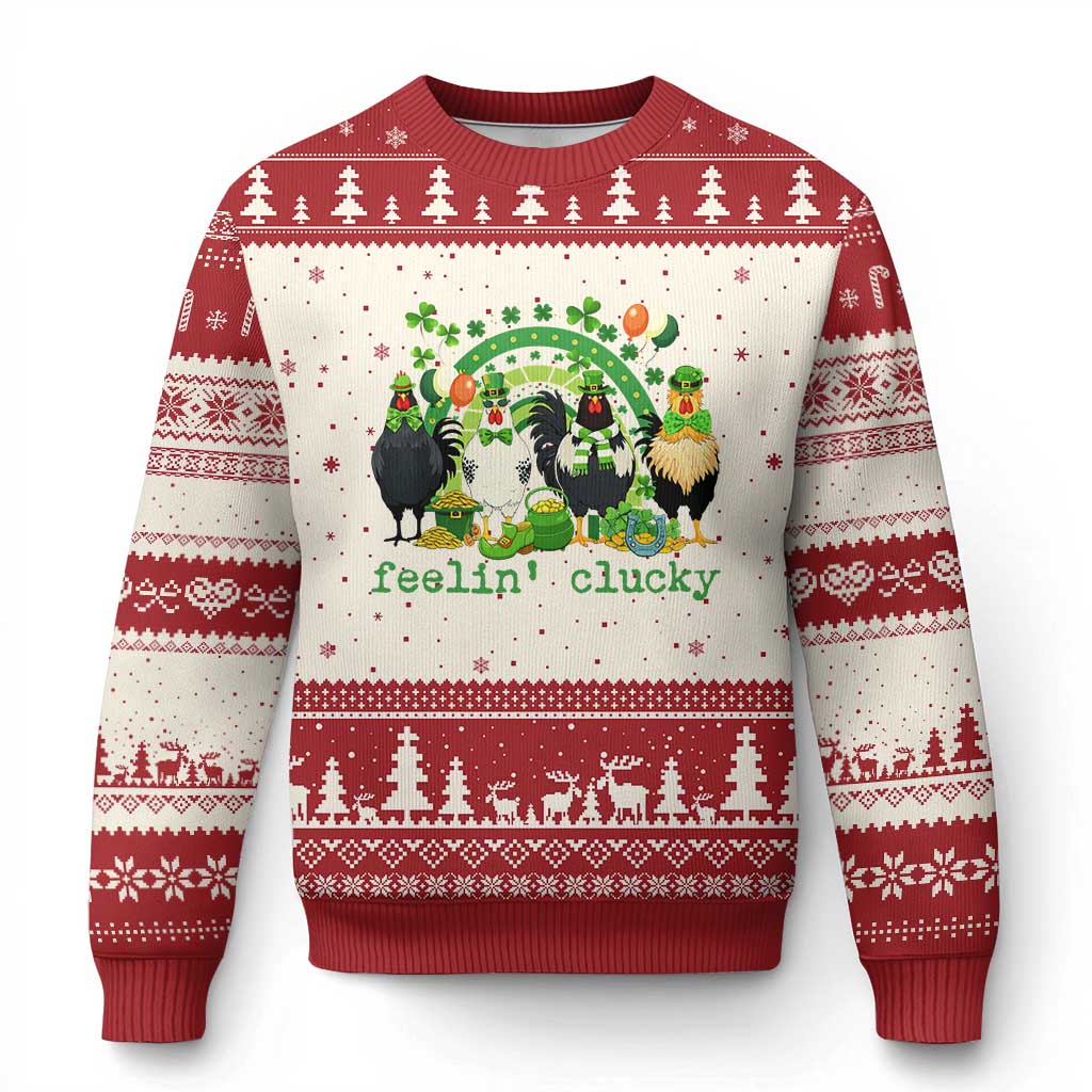 Funny St Patricks Day Chicken Shamrock Ugly Christmas Sweater Feelin Clucky Hen Lucky Clover Pun Irish Humor TS02 Beige Red Print Your Wear
