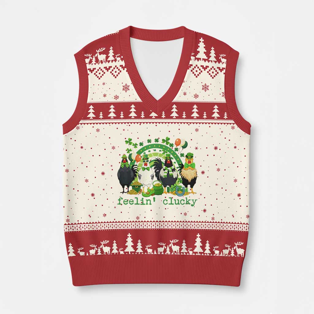 Funny St Patricks Day Chicken Shamrock V-Neck Knit Sweater Vest Feelin Clucky Hen Lucky Clover Pun Irish Humor TS02 Beige Red Print Your Wear