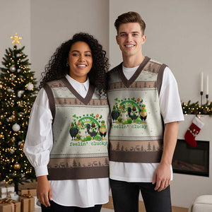 Funny St Patricks Day Chicken Shamrock V-Neck Knit Sweater Vest Feelin Clucky Hen Lucky Clover Pun Irish Humor TS02 Mocha Mousse Print Your Wear