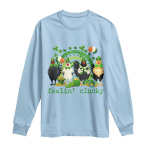 Funny St Patricks Day Chicken Shamrock Long Sleeve Shirt Feelin Clucky Hen Lucky Clover Pun Irish Humor TS02 Light Blue Print Your Wear