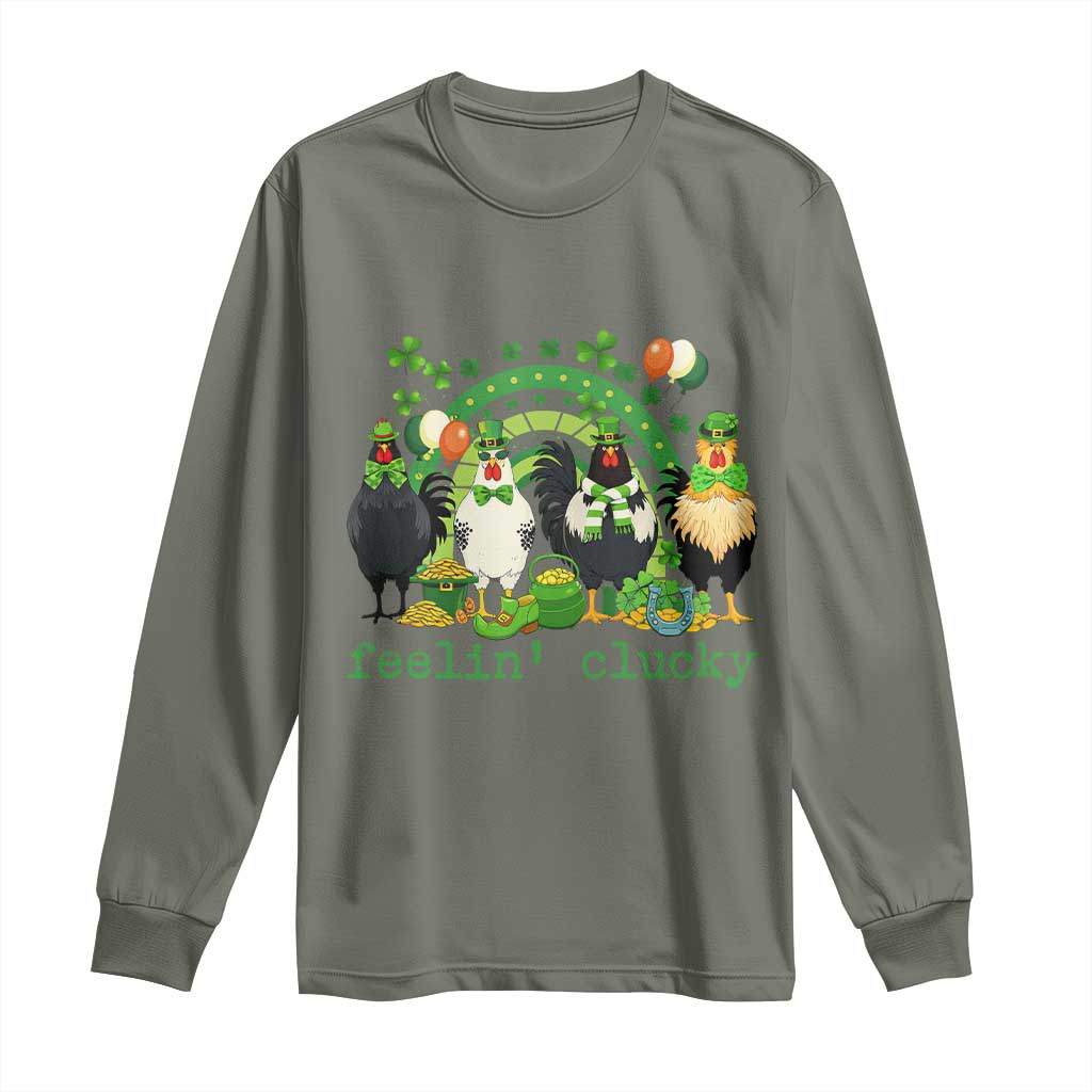 Funny St Patricks Day Chicken Shamrock Long Sleeve Shirt Feelin Clucky Hen Lucky Clover Pun Irish Humor TS02 Military Green Print Your Wear