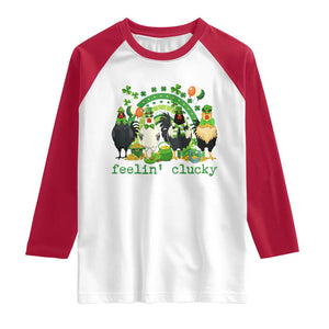 Funny St Patricks Day Chicken Shamrock Raglan Shirt Feelin Clucky Hen Lucky Clover Pun Irish Humor TS02 White Red Print Your Wear