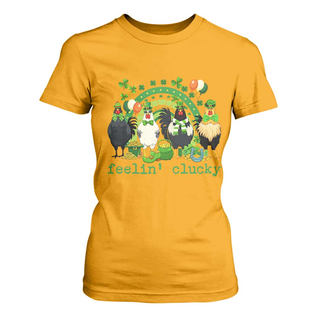 Funny St Patricks Day Chicken Shamrock T Shirt For Women Feelin Clucky Hen Lucky Clover Pun Irish Humor TS02 Gold Print Your Wear