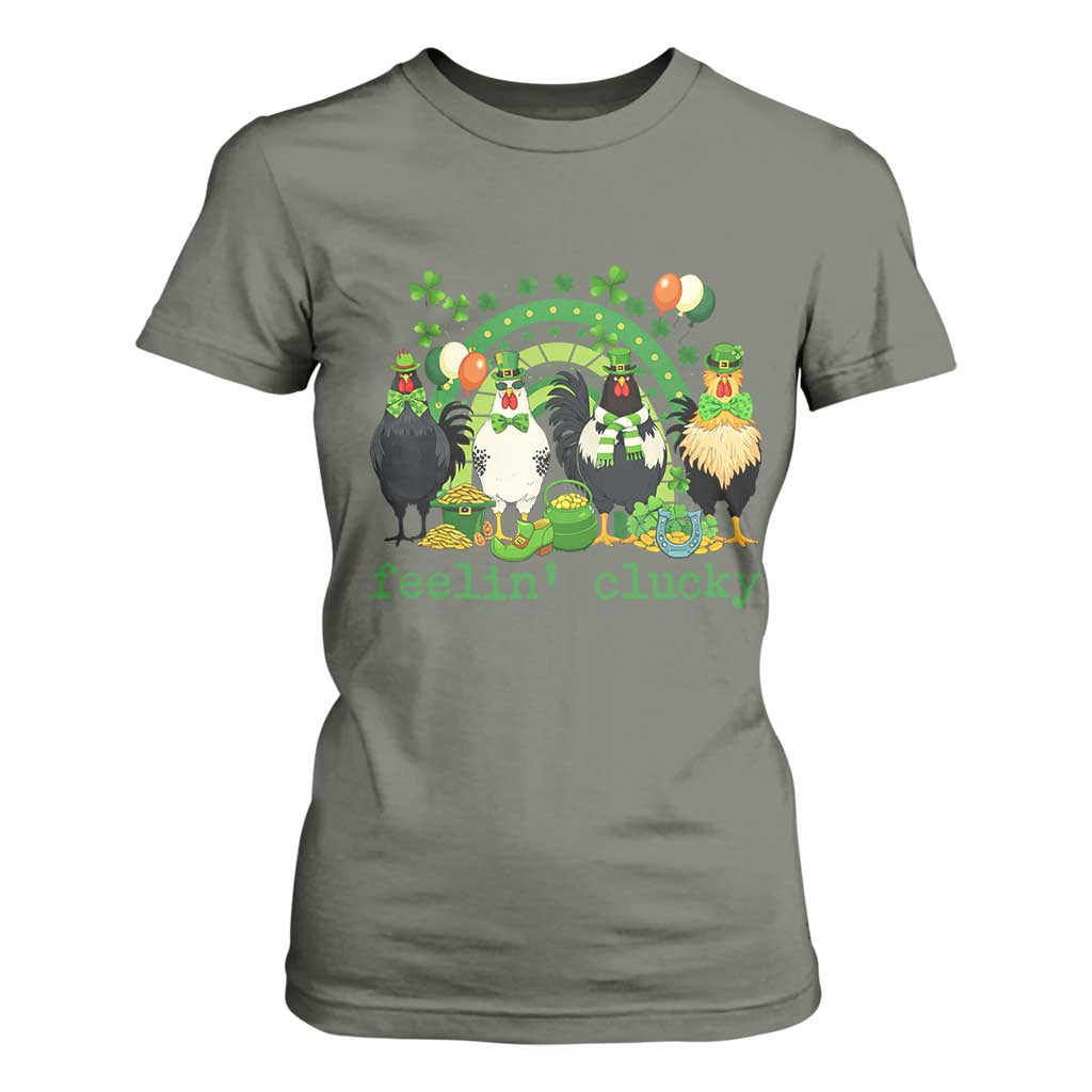 Funny St Patricks Day Chicken Shamrock T Shirt For Women Feelin Clucky Hen Lucky Clover Pun Irish Humor TS02 Military Green Print Your Wear