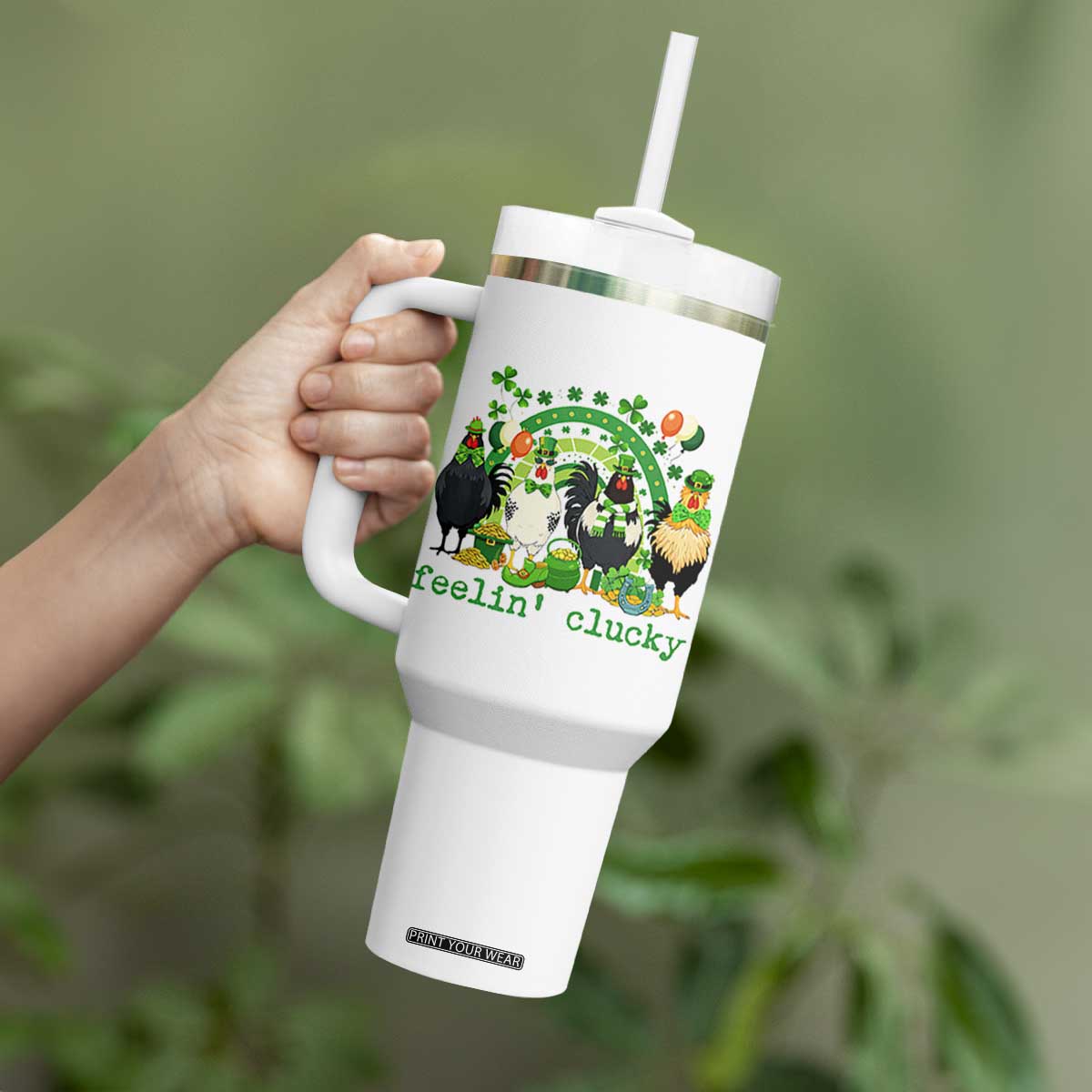Funny St Patricks Day Chicken Shamrock Tumbler With Handle Feelin Clucky Hen Lucky Clover Pun Irish Humor TS02 Print Your Wear