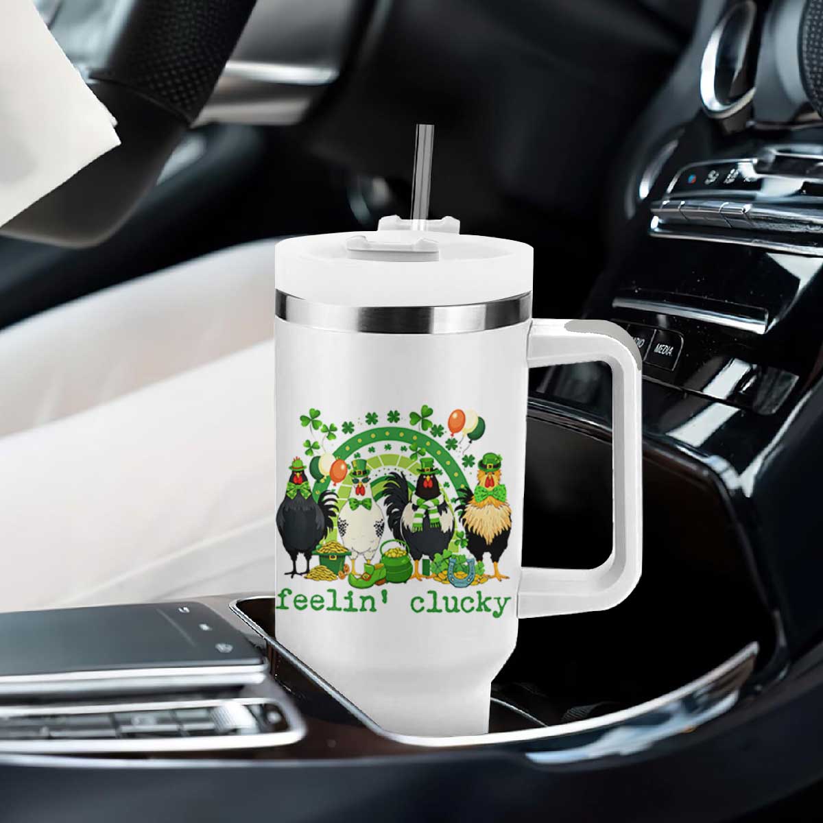 Funny St Patricks Day Chicken Shamrock Tumbler With Handle Feelin Clucky Hen Lucky Clover Pun Irish Humor TS02 Print Your Wear