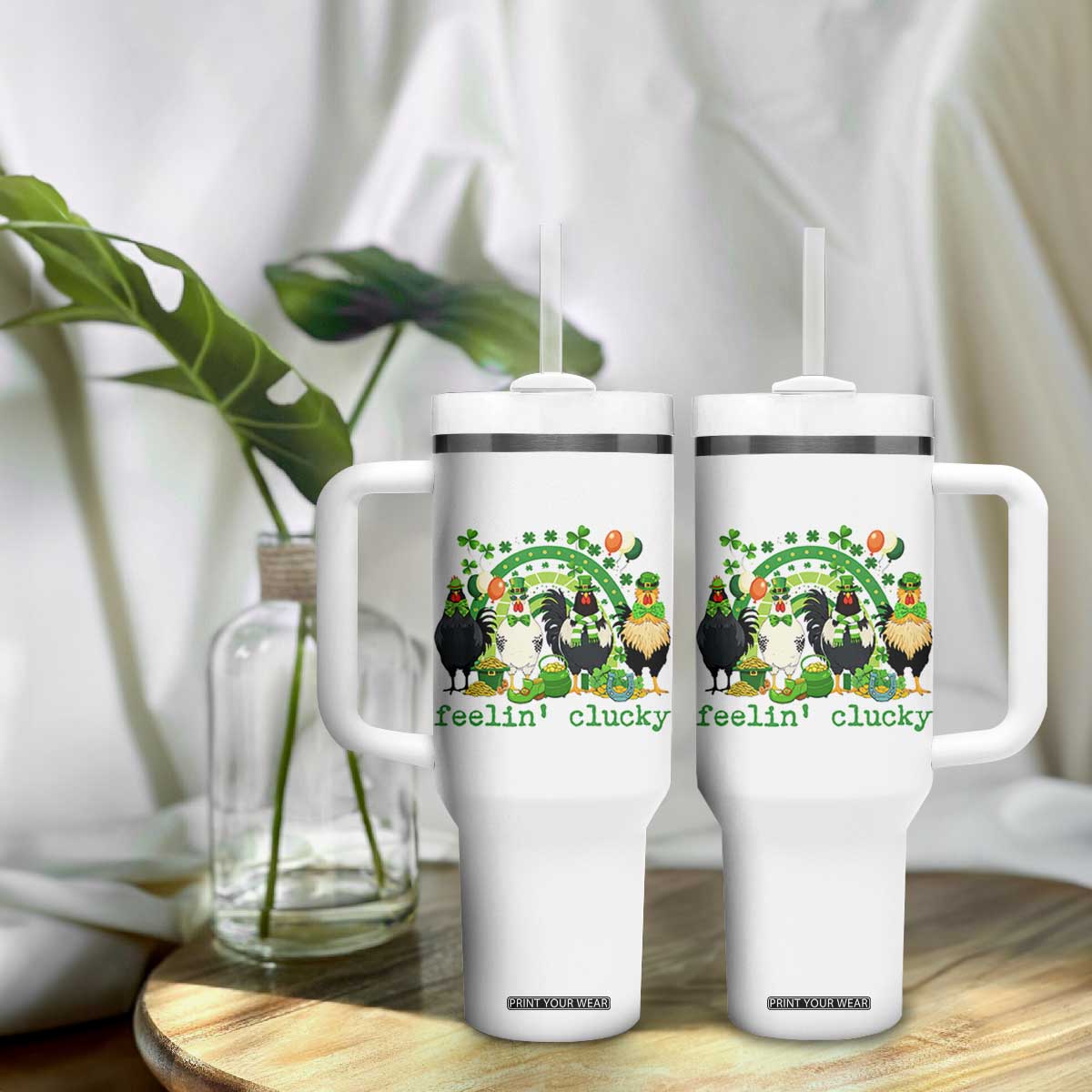 Funny St Patricks Day Chicken Shamrock Tumbler With Handle Feelin Clucky Hen Lucky Clover Pun Irish Humor TS02 Print Your Wear