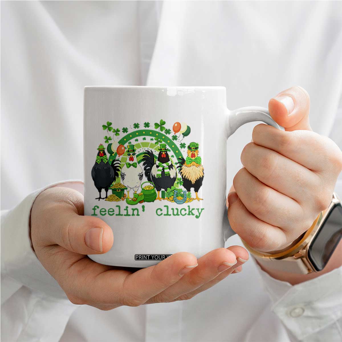 Funny St Patricks Day Chicken Shamrock Coffee Mug Feelin Clucky Hen Lucky Clover Pun Irish Humor TS02 Print Your Wear