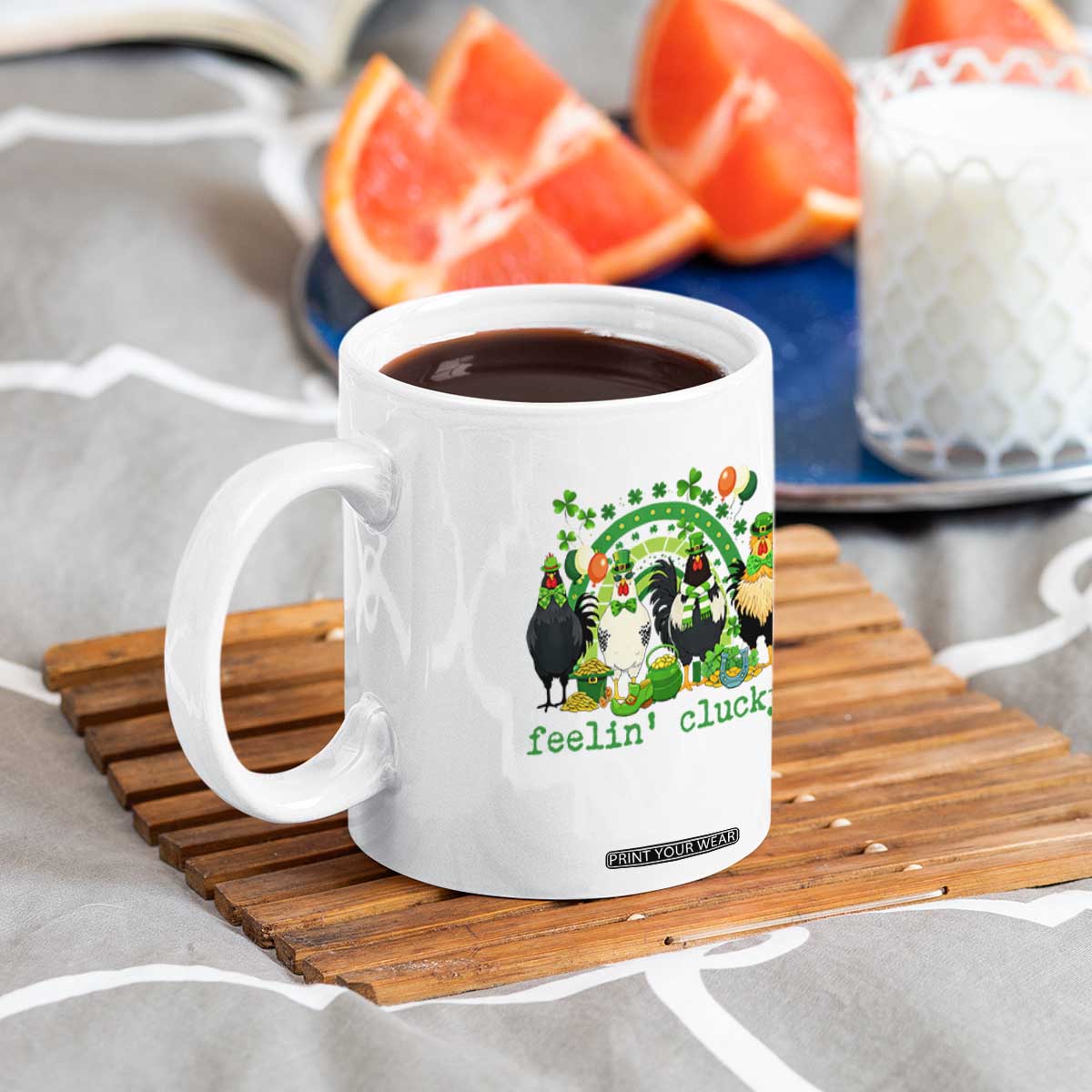 Funny St Patricks Day Chicken Shamrock Coffee Mug Feelin Clucky Hen Lucky Clover Pun Irish Humor TS02 Print Your Wear