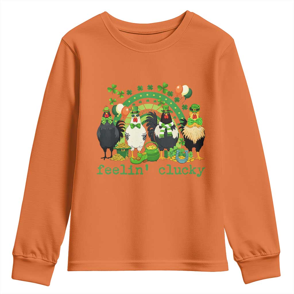 Funny St Patricks Day Chicken Shamrock Youth Sweatshirt Feelin Clucky Hen Lucky Clover Pun Irish Humor TS02 Orange Print Your Wear
