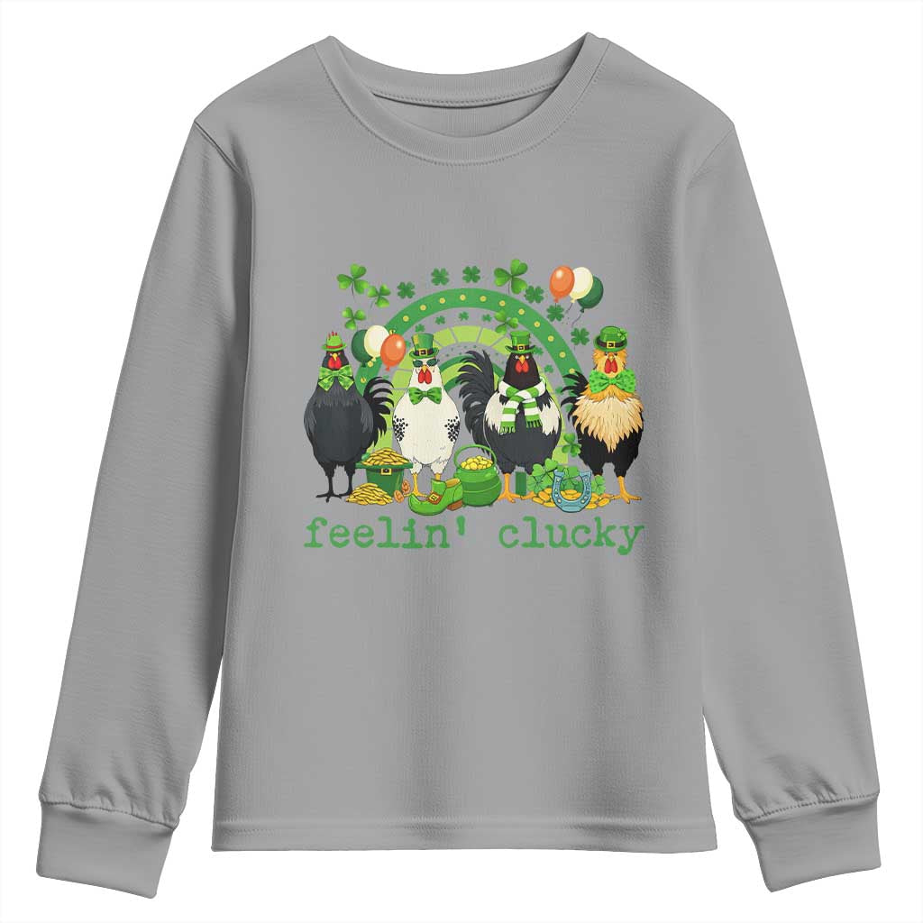 Funny St Patricks Day Chicken Shamrock Youth Sweatshirt Feelin Clucky Hen Lucky Clover Pun Irish Humor TS02 Sport Gray Print Your Wear
