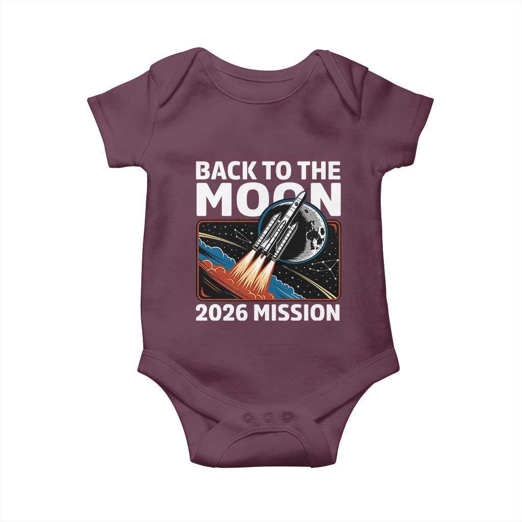 Back to the Moon 2026 Mission Baby Onesie Retro Rocket Launch Lunar Orbit Space Enthusiasts TS02 Maroon Print Your Wear