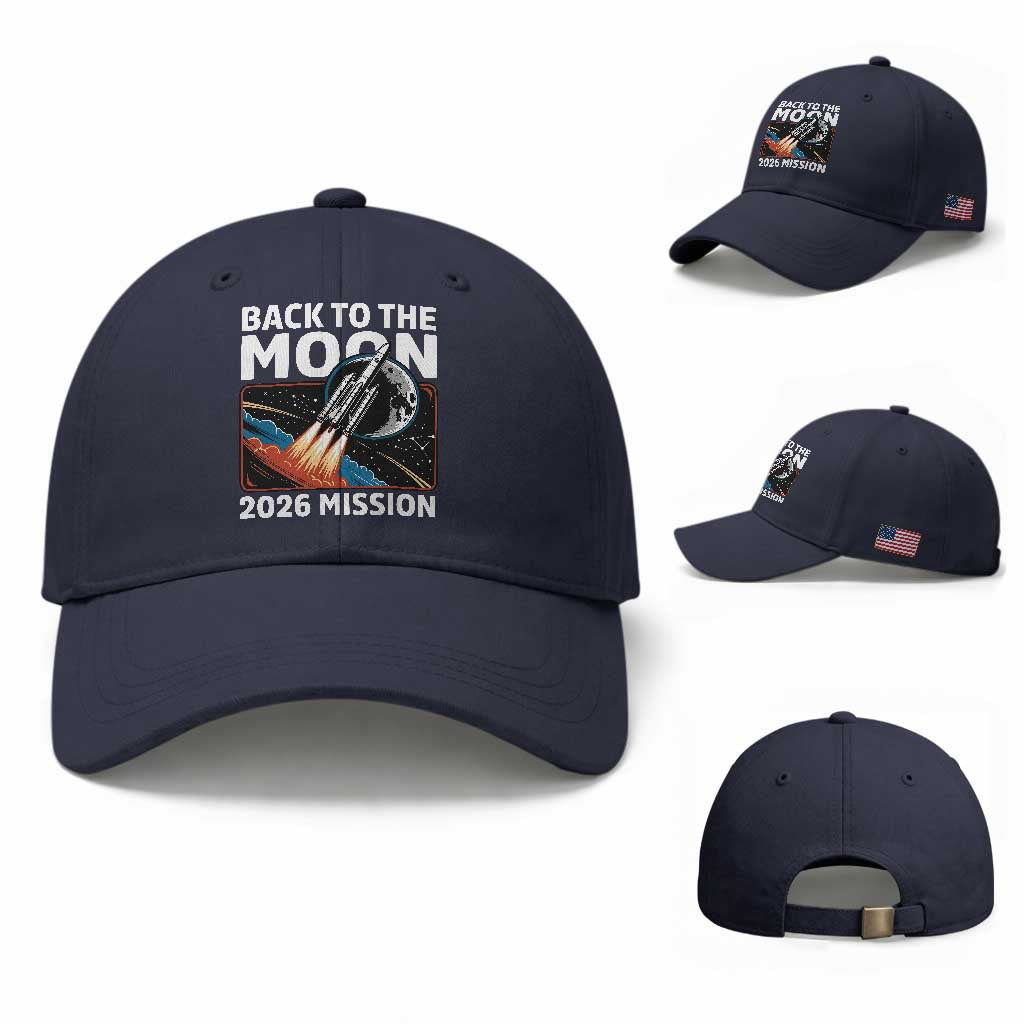 Back to the Moon 2026 Mission Baseball Cap Retro Rocket Launch Lunar Orbit Space Enthusiasts TS02 Baseball Cap Universal Fit Navy Print Your Wear