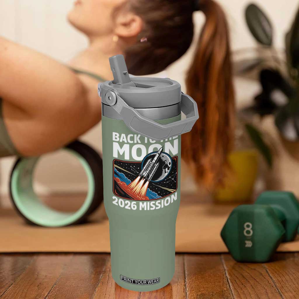 Back to the Moon 2026 Mission Flip Straw Tumbler Retro Rocket Launch Lunar Orbit Space Enthusiasts TS02 One Size: 30 oz Moss Green Print Your Wear