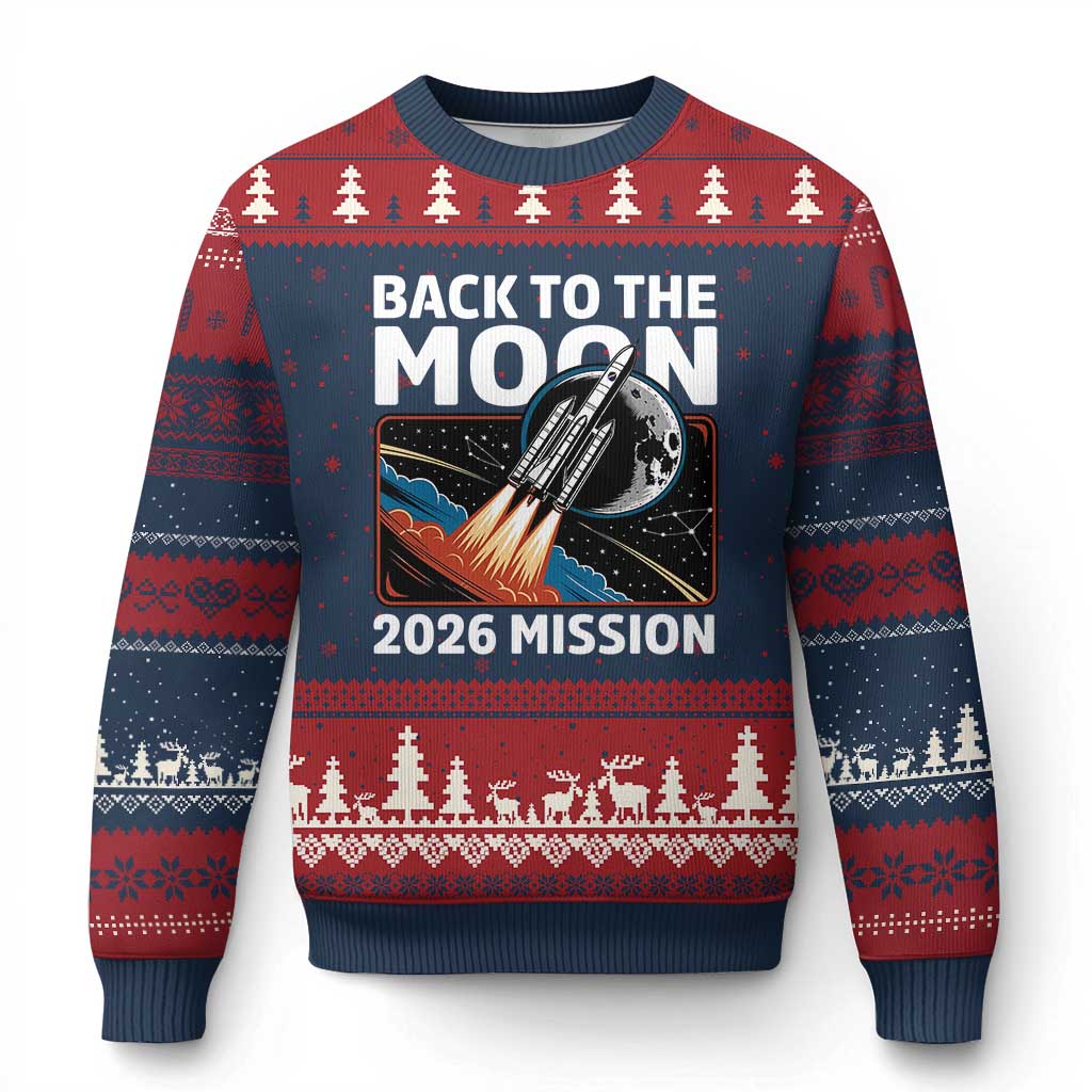 Back to the Moon 2026 Mission Ugly Christmas Sweater Retro Rocket Launch Lunar Orbit Space Enthusiasts TS02 Navy Red Print Your Wear