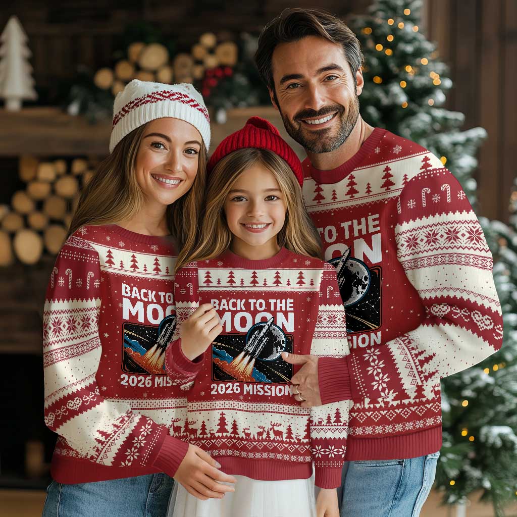 Back to the Moon 2026 Mission Ugly Christmas Sweater Retro Rocket Launch Lunar Orbit Space Enthusiasts TS02 Red Beige Print Your Wear