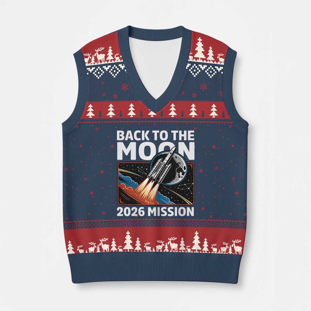 Back to the Moon 2026 Mission V-Neck Knit Sweater Vest Retro Rocket Launch Lunar Orbit Space Enthusiasts TS02 Navy Red Print Your Wear