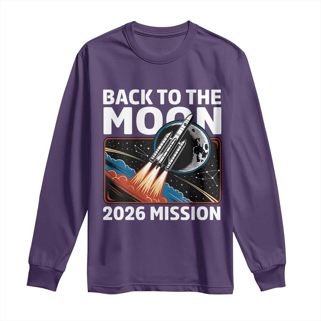 Back to the Moon 2026 Mission Long Sleeve Shirt Retro Rocket Launch Lunar Orbit Space Enthusiasts TS02 Purple Print Your Wear