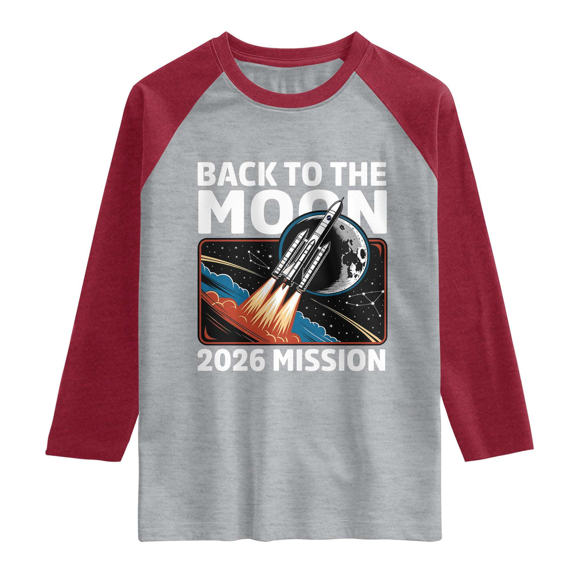 Back to the Moon 2026 Mission Raglan Shirt Retro Rocket Launch Lunar Orbit Space Enthusiasts TS02 Heather Gray Heather Red Print Your Wear