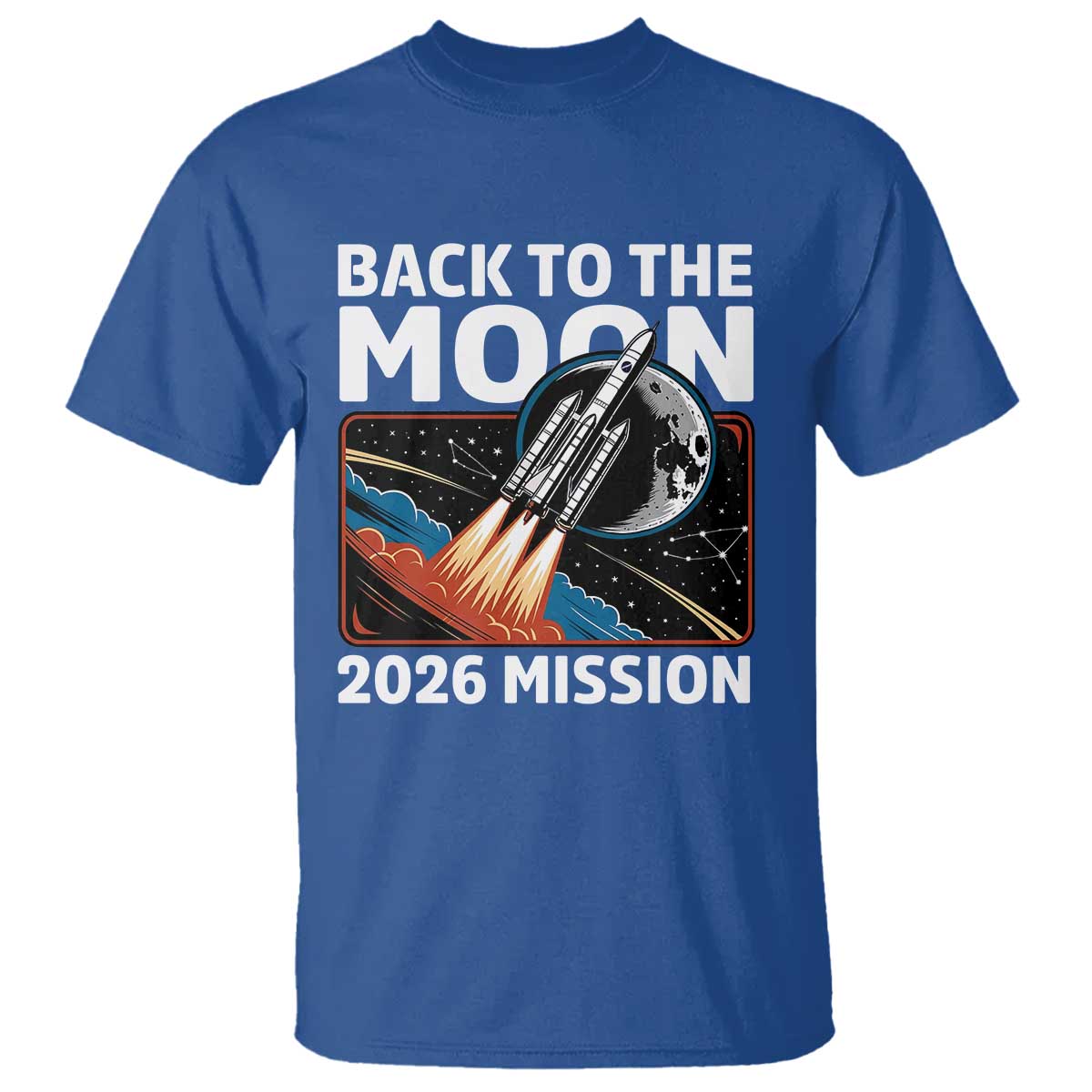 Back to the Moon 2026 Mission T Shirt Retro Rocket Launch Lunar Orbit Space Enthusiasts TS02 Royal Blue Print Your Wear