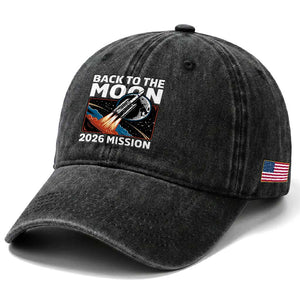 Back to the Moon 2026 Mission Washed Cotton Baseball Cap Retro Rocket Launch Lunar Orbit Space Enthusiasts TS02 Print Your Wear