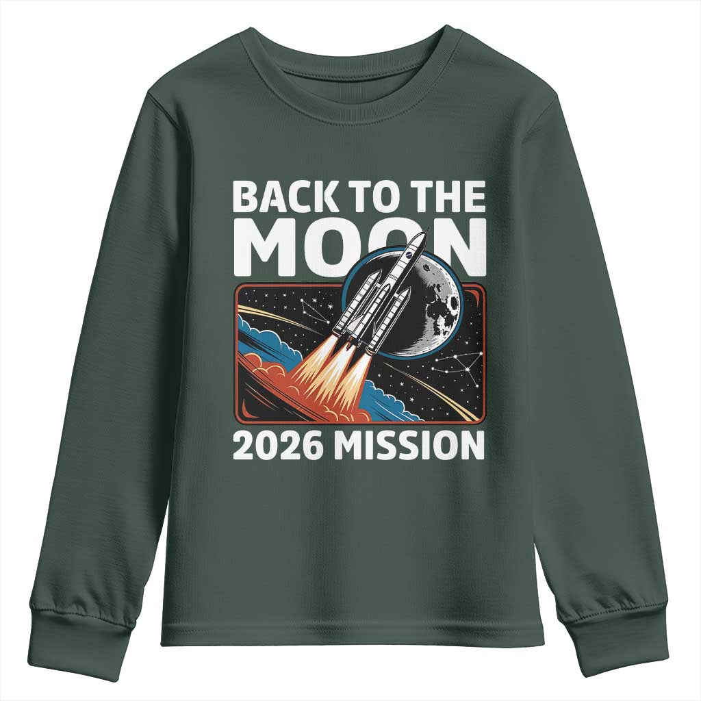 Back to the Moon 2026 Mission Youth Sweatshirt Retro Rocket Launch Lunar Orbit Space Enthusiasts TS02 Dark Forest Green Print Your Wear