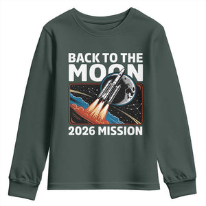 Back to the Moon 2026 Mission Youth Sweatshirt Retro Rocket Launch Lunar Orbit Space Enthusiasts TS02 Dark Forest Green Print Your Wear