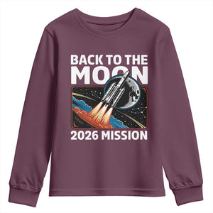 Back to the Moon 2026 Mission Youth Sweatshirt Retro Rocket Launch Lunar Orbit Space Enthusiasts TS02 Maroon Print Your Wear
