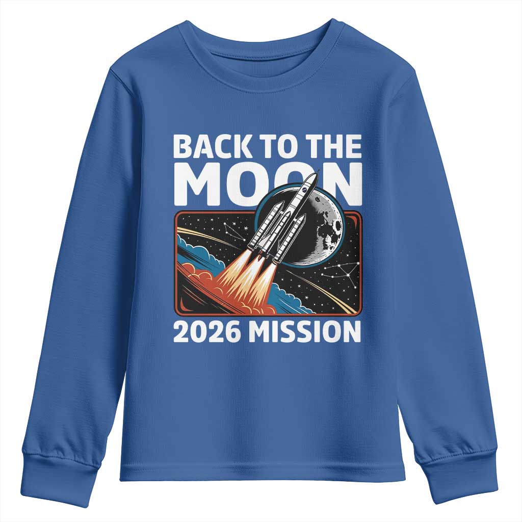 Back to the Moon 2026 Mission Youth Sweatshirt Retro Rocket Launch Lunar Orbit Space Enthusiasts TS02 Royal Blue Print Your Wear