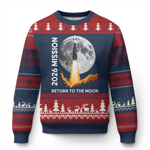 2026 Return to the Moon Mission Ugly Christmas Sweater Realistic Rocket Launch Lunar Graphic Space Exploration TS02 Navy Red Print Your Wear