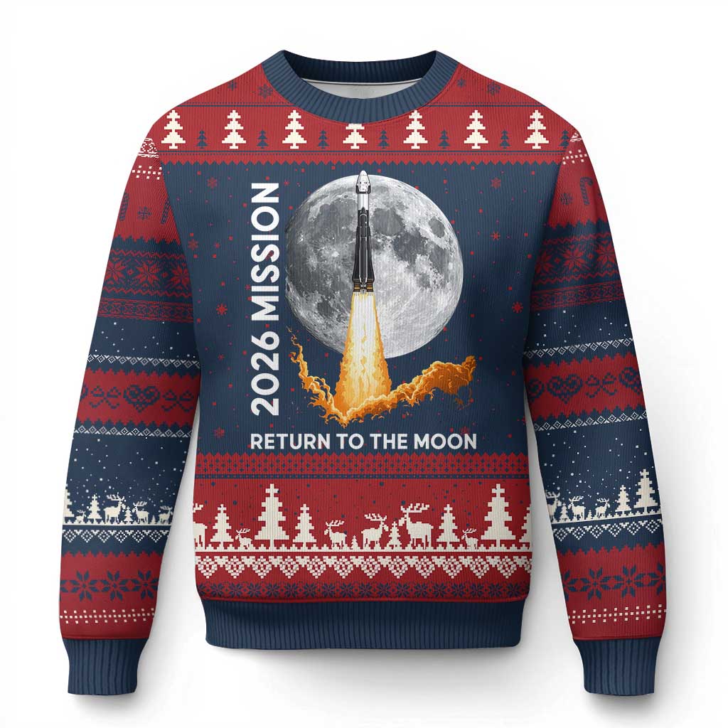 2026 Return to the Moon Mission Ugly Christmas Sweater Realistic Rocket Launch Lunar Graphic Space Exploration TS02 Navy Red Print Your Wear