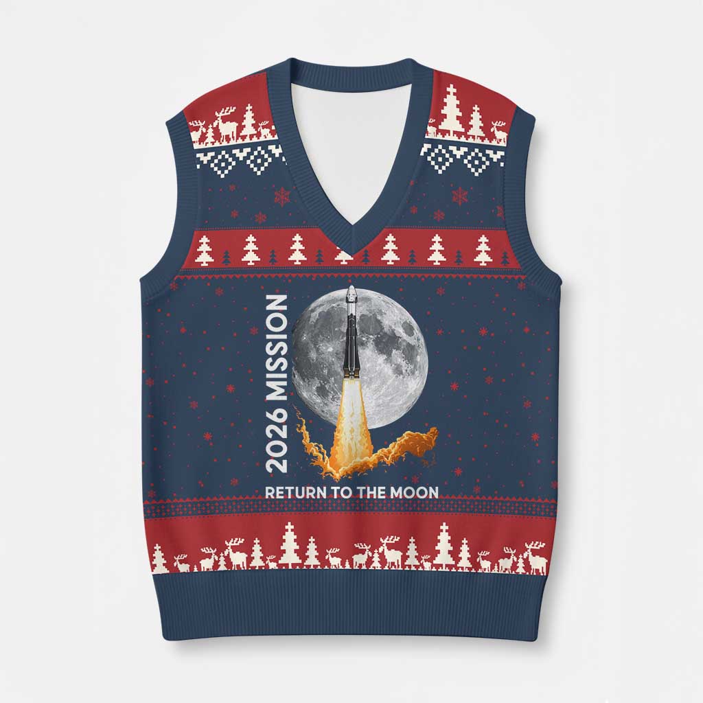 2026 Return to the Moon Mission V-Neck Knit Sweater Vest Realistic Rocket Launch Lunar Graphic Space Exploration TS02 Navy Red Print Your Wear