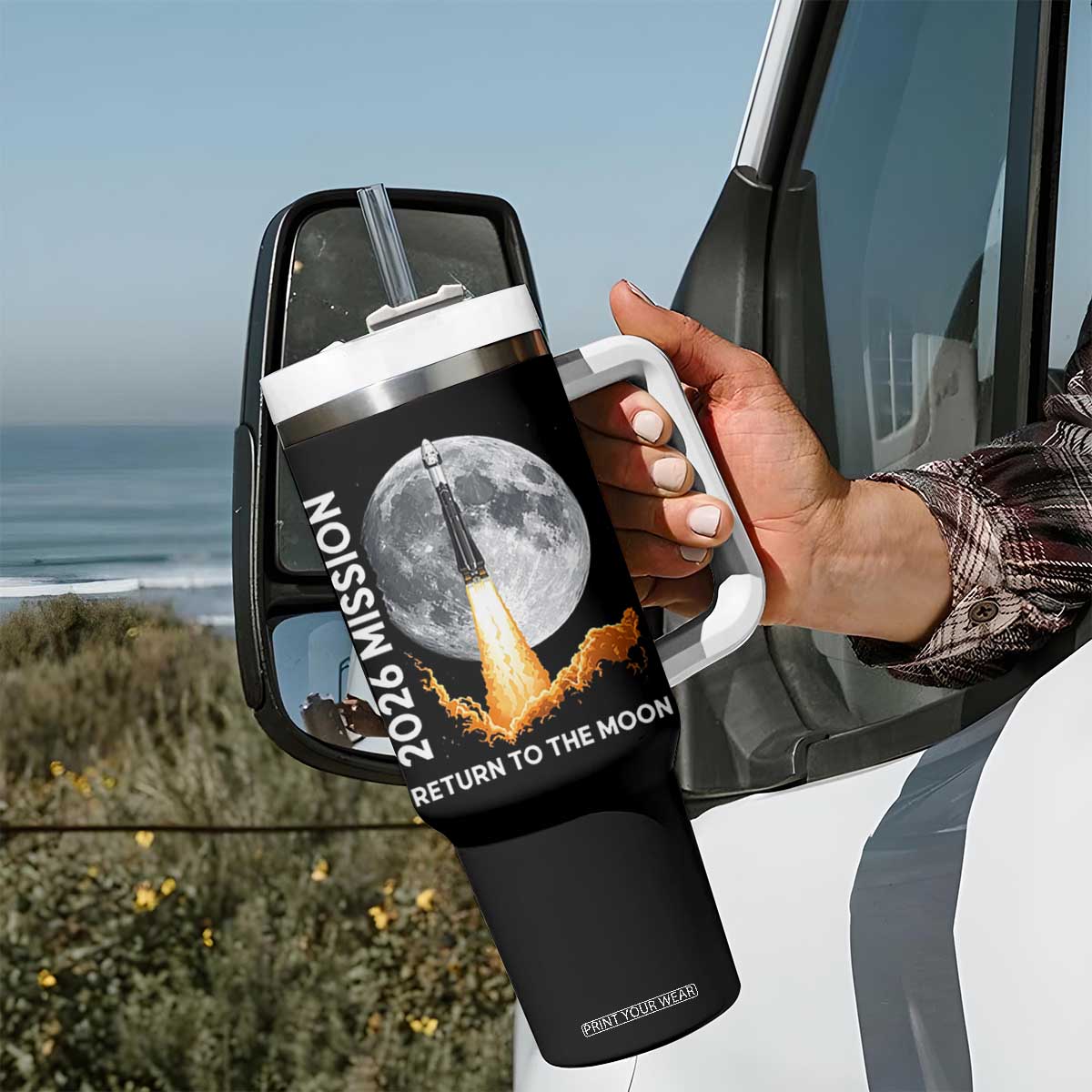 2026 Return to the Moon Mission Tumbler With Handle Realistic Rocket Launch Lunar Graphic Space Exploration TS02 Print Your Wear