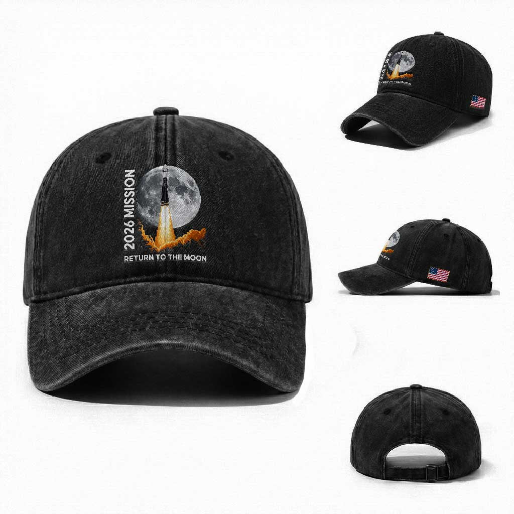 2026 Return to the Moon Mission Washed Cotton Baseball Cap Realistic Rocket Launch Lunar Graphic Space Exploration TS02 Washed Cap Universal Fit Black Print Your Wear