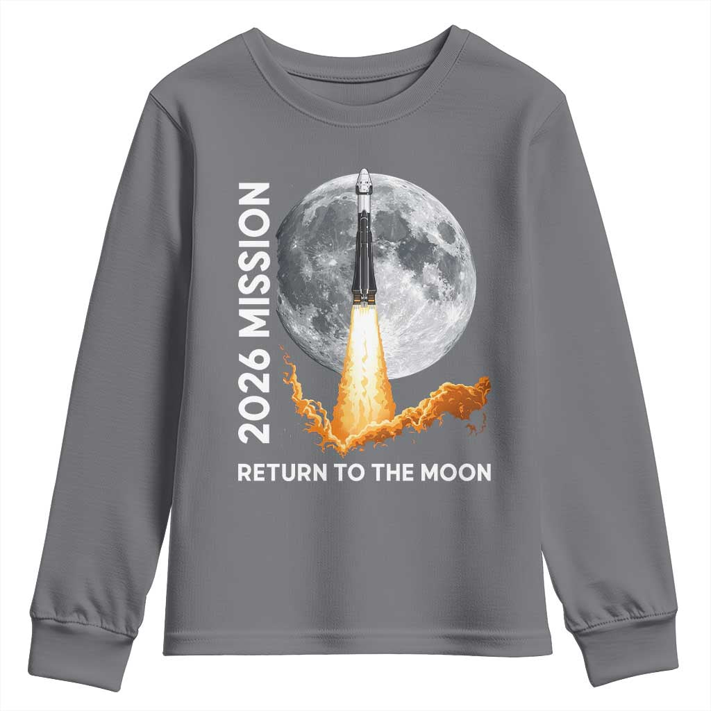 2026 Return to the Moon Mission Youth Sweatshirt Realistic Rocket Launch Lunar Graphic Space Exploration TS02 Charcoal Print Your Wear