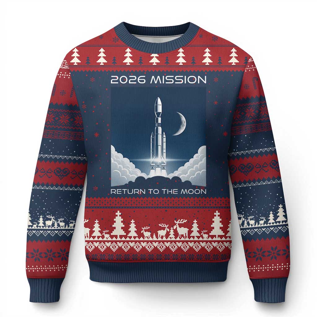Future Lunar Mission 2026 Ugly Christmas Sweater Rocket Launch Lunar Orbit Space Exploration TS02 Navy Red Print Your Wear