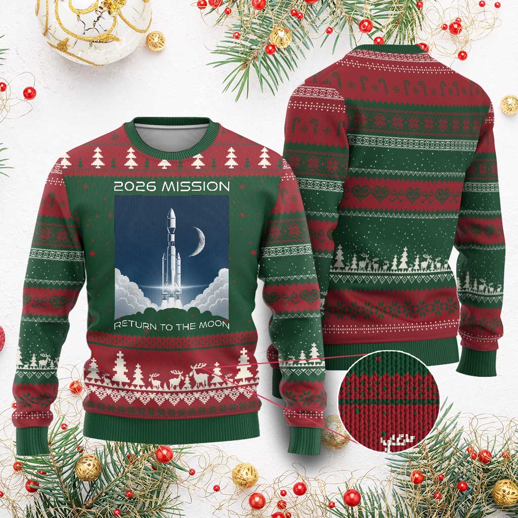 Future Lunar Mission 2026 Ugly Christmas Sweater Rocket Launch Lunar Orbit Space Exploration TS02 Red Green Print Your Wear