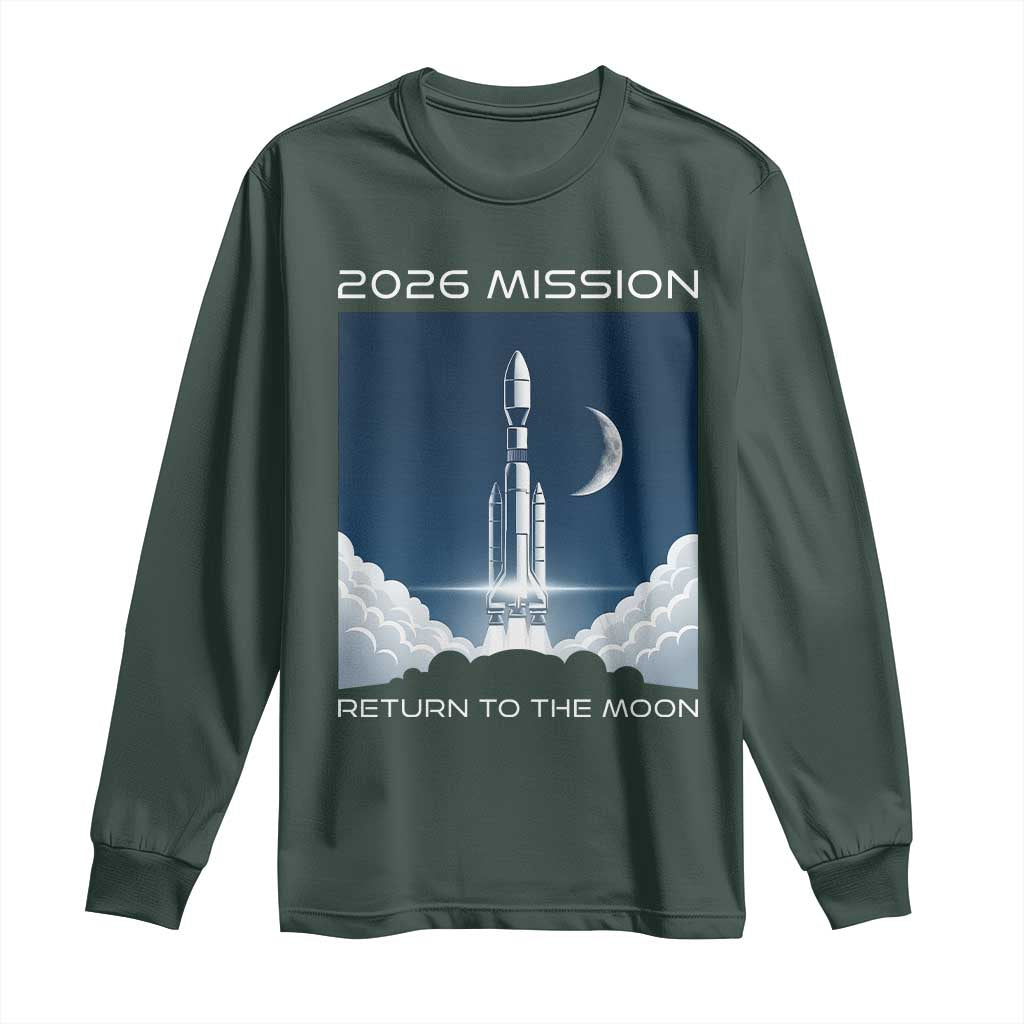 Future Lunar Mission 2026 Long Sleeve Shirt Rocket Launch Lunar Orbit Space Exploration TS02 Dark Forest Green Print Your Wear